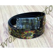 Ремень Monster 46 бляшка темная со значками М черный с желтым с зелен